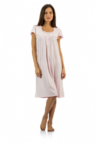 Casual Nights Women's Polka Dot Lace Short Sleeve Nightgown - Pink - Size recommendation: Size Medium (2-4) Large (6-8) X-Large (10-12) XX-Large (14-16), Order one size up For a more Relaxed FitHit the sack in total comfort with this Soft and lightweight KnitNightgownin a fundot pattern, Features4 Button closure, square neck,Approximately 39" from shoulder to hem, cap sleeves,detailed with lace and ribbon for an extra feminine touch. A comfortable fit perfect for sleeping or lounging around.