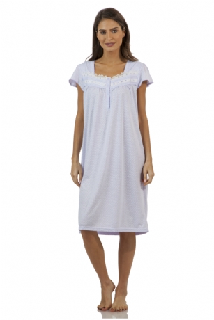 Casual Nights Women's Polka Dot Lace Short Sleeve Nightgown - Purple - Size recommendation: Size Medium (2-4) Large (6-8) X-Large (10-12) XX-Large (14-16), Order one size up For a more Relaxed FitHit the sack in total comfort with this Soft and lightweight KnitNightgownin a fundot pattern, Features4 Button closure, square neck,Approximately 39" from shoulder to hem, cap sleeves,detailed with lace and ribbon for an extra feminine touch. A comfortable fit perfect for sleeping or lounging around.