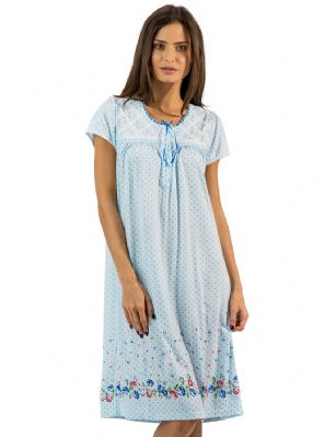 Casual Nights Women's Fancy Lace Flower Dots Short Sleeve Nightgown - Blue - Hit the sack in total comfort with this Soft and lightweight cotton blend Nightgown From Casual Nights in a fun Floral border and Polka Dots  print. Nightshirt features: 5 Button closure, round neck, short sleeves, detailed with lace and ribbon for an extra feminine touch. Approximately 40" from shoulder to hem. A comfortable fit perfect for sleeping or lounging around.