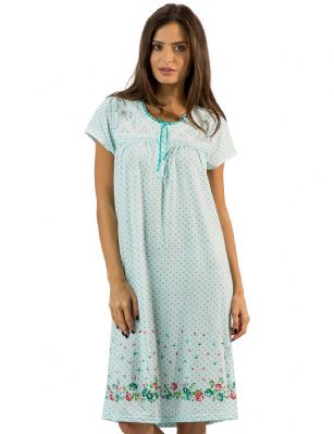 Casual Nights Women's Fancy Lace Flower Dots Short Sleeve Nightgown - Green - Hit the sack in total comfort with this Soft and lightweight cotton blend Nightgown From Casual Nights in a fun Floral border and Polka Dots  print. Nightshirt features: 5 Button closure, round neck, short sleeves, detailed with lace and ribbon for an extra feminine touch. Approximately 40" from shoulder to hem. A comfortable fit perfect for sleeping or lounging around.