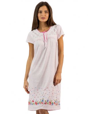 Casual Nights Women's Fancy Lace Flower Dots Short Sleeve Nightgown - Pink - Hit the sack in total comfort with this Soft and lightweight cotton blend Nightgown From Casual Nights in a fun Floral border and Polka Dots  print. Nightshirt features: 5 Button closure, round neck, short sleeves, detailed with lace and ribbon for an extra feminine touch. Approximately 40" from shoulder to hem. A comfortable fit perfect for sleeping or lounging around.