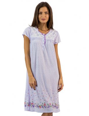 Casual Nights Women's Fancy Lace Flower Dots Short Sleeve Nightgown - Purple - Hit the sack in total comfort with this Soft and lightweight cotton blend Nightgown From Casual Nights in a fun Floral border and Polka Dots  print. Nightshirt features: 5 Button closure, round neck, short sleeves, detailed with lace and ribbon for an extra feminine touch. Approximately 40" from shoulder to hem. A comfortable fit perfect for sleeping or lounging around.