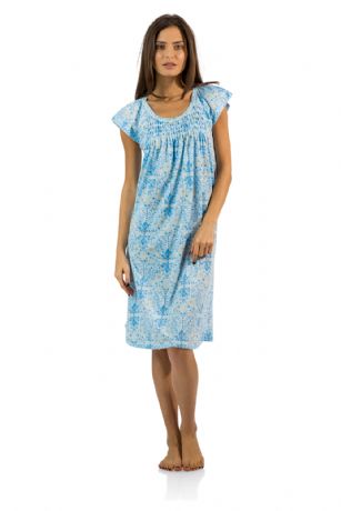 Casual Nights Women's Smocked Lace Short Sleeve Nightgown - Blue - Hit the sack in total comfort with this Soft and lightweight cotton blend Nightgown From Casual Nights in a beautiful print. Nightshirt features:  scoop neck, short sleeves, detailed with lace and ribbon for an extra feminine touch. Approximately 40" from shoulder to hem. A comfortable fit perfect for sleeping or lounging around.