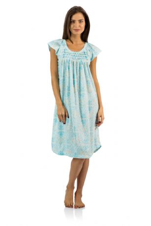 Casual Nights Women's Smocked Lace Short Sleeve Nightgown - Green - Hit the sack in total comfort with this Soft and lightweight cotton blend Nightgown From Casual Nights in a beautiful print. Nightshirt features:  scoop neck, short sleeves, detailed with lace and ribbon for an extra feminine touch. Approximately 40" from shoulder to hem. A comfortable fit perfect for sleeping or lounging around.