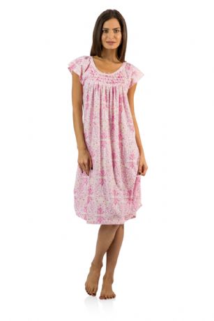 Casual Nights Women's Smocked Lace Short Sleeve Nightgown - Pink - Hit the sack in total comfort with this Soft and lightweight cotton blend Nightgown From Casual Nights in a beautiful print. Nightshirt features:  scoop neck, short sleeves, detailed with lace and ribbon for an extra feminine touch. Approximately 40" from shoulder to hem. A comfortable fit perfect for sleeping or lounging around.