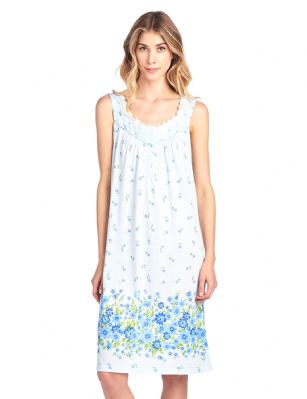 Casual Nights Women's Fancy Lace Floral Sleeveless Nightgown - Blue - Please use this size chart to determine which size will fit you best, if your measurements fall between two sizes we recommend ordering a larger size as most people prefer their sleepwear a little looser. Nightgown Length 40".Medium: Measures US Size 4-6, Chests/Bust 34-35"  Large: Measures US Size 68, Chests/Bust 35-36" X-Large: Measures US Size 10-12, Chests/Bust 37-38" XX-Large: Measures US Size 12-14, Chests/Bust 38.5-40" Hit the sack in total comfort with this Soft and lightweight Knit Night Gown from Casual Nights in fun floral, stripe, and dot patterns. Sleeveless Nightshirt features: square neck, 5 button closure, Allover print and contrast border trim, tucked and lace detail for an extra feminine touch. Approximately 40" from shoulder to hem. A comfortable fit perfect for sleeping or lounging around the house as a day dress. 