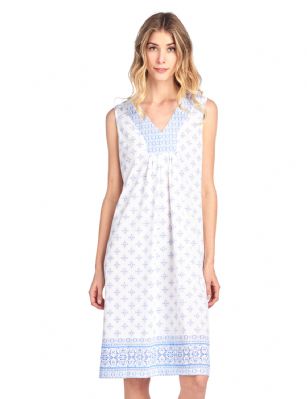 Casual Nights Women's Fancy Printed Sleeveless Nightgown - Blue - Please use this size chart to determine which size will fit you best, if your measurements fall between two sizes we recommend ordering a larger size as most people prefer their sleepwear a little looser. Nightgown Length 40".Medium: Measures US Size 4-6, Chests/Bust 34-35"  Large: Measures US Size 68, Chests/Bust 35-36" X-Large: Measures US Size 10-12, Chests/Bust 37-38" XX-Large: Measures US Size 12-14, Chests/Bust 38.5-40" Hit the sack in total comfort with this Soft and lightweight Knit Night Gown from Casual Nights in fun floral, stripe, and dot patterns. Sleeveless Nightshirt features: V- neck, Allover print and contrast border trim for an extra feminine touch. Approximately 40" from shoulder to hem. A comfortable fit perfect for sleeping or lounging around the house as a day dress. 