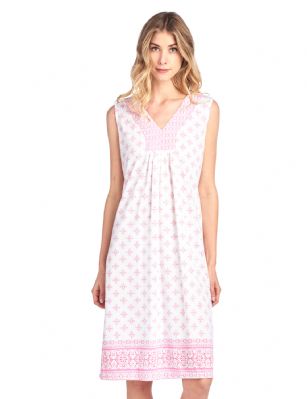 Casual Nights Women's Fancy Printed Sleeveless Nightgown - Pink - Please use this size chart to determine which size will fit you best, if your measurements fall between two sizes we recommend ordering a larger size as most people prefer their sleepwear a little looser. Nightgown Length 40".Medium: Measures US Size 4-6, Chests/Bust 34-35"  Large: Measures US Size 68, Chests/Bust 35-36" X-Large: Measures US Size 10-12, Chests/Bust 37-38" XX-Large: Measures US Size 12-14, Chests/Bust 38.5-40" Hit the sack in total comfort with this Soft and lightweight Knit Night Gown from Casual Nights in fun floral, stripe, and dot patterns. Sleeveless Nightshirt features: V- neck, Allover print and contrast border trim for an extra feminine touch. Approximately 40" from shoulder to hem. A comfortable fit perfect for sleeping or lounging around the house as a day dress. 