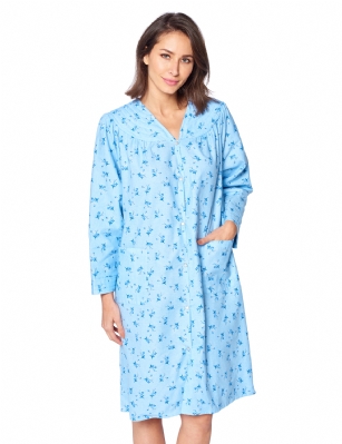 Casual Nights Women's Floral Snap Front Flannel Duster Long Sleeve Lounger Dress - Blue Floral - Use Our size chart to determine your size, we recommend ordering a larger size for a more relaxed fit, ALLOW SHRINKAGE, Size Medium (2-4) Large (6-8) X-Large (10-12) XX-Large (14-16) XXX-Large (16-18) Lounge at ease in this Casual Nights Flannel Lounger House Dress for Women, designed with a comfortable loose fit style. The Duster Gown features: Long sleeves. V neck with stitching detail. Easy 6 full front snap down closure making it very easy to put on and take off. 2 Large handy patch pockets. Waltz knee length, Length Measures approx. 40 inches. The Casual Nights Modest Lounge robe, is made with durable ultra-soft 100% Cotton fabric, designed to give you that soft and warm touch that feels great against skin. This Ladies house gown Is the perfect choice for new moms lounging around the house in comfort using it as a cover up, in rehab, hospital robe for moms to be or surgery recovery. Makes an Excellent Holiday Gift idea for any special women in your life, for any special occasions such as; Mothers Day, Christmas, or Birthdays! She will sure love it!!!