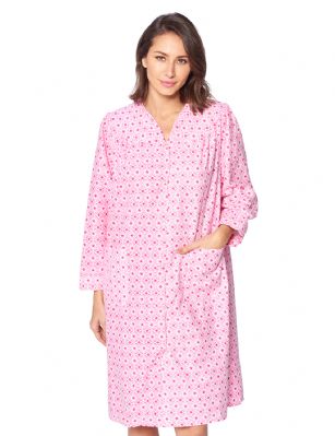 Casual Nights Women's Floral Snap Front Flannel Duster Long Sleeve Lounger Dress - Geo Pink - Use Our size chart to determine your size, we recommend ordering a larger size for a more relaxed fit, ALLOW SHRINKAGE, Size Medium (2-4) Large (6-8) X-Large (10-12) XX-Large (14-16) XXX-Large (16-18) Lounge at ease in this Casual Nights Flannel Lounger House Dress for Women, designed with a comfortable loose fit style. The Duster Gown features: Long sleeves. V neck with stitching detail. Easy 6 full front snap down closure making it very easy to put on and take off. 2 Large handy patch pockets. Waltz knee length, Length Measures approx. 40 inches. The Casual Nights Modest Lounge robe, is made with durable ultra-soft 100% Cotton fabric, designed to give you that soft and warm touch that feels great against skin. This Ladies house gown Is the perfect choice for new moms lounging around the house in comfort using it as a cover up, in rehab, hospital robe for moms to be or surgery recovery. Makes an Excellent Holiday Gift idea for any special women in your life, for any special occasions such as; Mothers Day, Christmas, or Birthdays! She will sure love it!!!