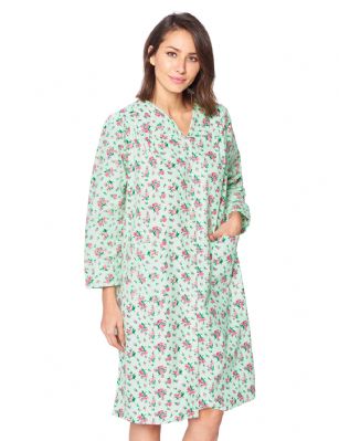 Casual Nights Women's Floral Snap Front Flannel Duster Long Sleeve Lounger Dress - Green Floral - Use Our size chart to determine your size, we recommend ordering a larger size for a more relaxed fit, ALLOW SHRINKAGE, Size Medium (2-4) Large (6-8) X-Large (10-12) XX-Large (14-16) XXX-Large (16-18) Lounge at ease in this Casual Nights Flannel Lounger House Dress for Women, designed with a comfortable loose fit style. The Duster Gown features: Long sleeves. V neck with stitching detail. Easy 6 full front snap down closure making it very easy to put on and take off. 2 Large handy patch pockets. Waltz knee length, Length Measures approx. 40 inches. The Casual Nights Modest Lounge robe, is made with durable ultra-soft 100% Cotton fabric, designed to give you that soft and warm touch that feels great against skin. This Ladies house gown Is the perfect choice for new moms lounging around the house in comfort using it as a cover up, in rehab, hospital robe for moms to be or surgery recovery. Makes an Excellent Holiday Gift idea for any special women in your life, for any special occasions such as; Mothers Day, Christmas, or Birthdays! She will sure love it!!!