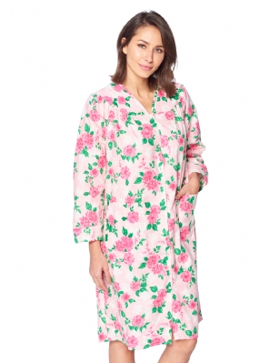 Casual Nights Women's Floral Snap Front Flannel Duster Long Sleeve Lounger Dress - Pink Floral - Use Our size chart to determine your size, we recommend ordering a larger size for a more relaxed fit, ALLOW SHRINKAGE, Size Medium (2-4) Large (6-8) X-Large (10-12) XX-Large (14-16) XXX-Large (16-18) Lounge at ease in this Casual Nights Flannel Lounger House Dress for Women, designed with a comfortable loose fit style. The Duster Gown features: Long sleeves. V neck with stitching detail. Easy 6 full front snap down closure making it very easy to put on and take off. 2 Large handy patch pockets. Waltz knee length, Length Measures approx. 40 inches. The Casual Nights Modest Lounge robe, is made with durable ultra-soft 100% Cotton fabric, designed to give you that soft and warm touch that feels great against skin. This Ladies house gown Is the perfect choice for new moms lounging around the house in comfort using it as a cover up, in rehab, hospital robe for moms to be or surgery recovery. Makes an Excellent Holiday Gift idea for any special women in your life, for any special occasions such as; Mothers Day, Christmas, or Birthdays! She will sure love it!!!