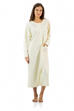 Casual Nights Women's Long Quilted Robe House Dress - Yellow - This Long Quilted Lounger Housecoat Robe from Casual Nights, exceptionally lightweight made from cotton blend soft to the touch fabric. Lounge robe  features; long sleeves, quilted detail, embroidered flowers, front hand pocket, 7 easy button front closure makes this lounger easy to wear. Mid-calf length measures approx. 44 Inches. A comfort loose fit style perfect for spas, shower houses, lounging, changing. sleeping and more. 