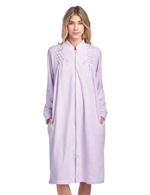 Casual Nights Women's Zipper Front Jacquard Terry Fleece Robe Duster - Purple - This cozy warm Fleece Lined Lounge Duster Robe from Casual Nights, exceptionally lightweight robe made from terry poly smooth to the touch fabric. Housecoat features; long sleeves, piping detail, pin-tucks, embroidered flowers, side seam pockets, front zip closure measures 31" inches makes this lounger easy to wear. Mid-calf length measures approx. 42 Inches. A comfort loose fit style perfect for spas, shower houses, lounging, changing. sleeping and more. 