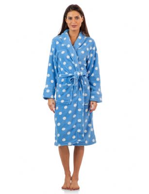 Casual Nights Women's Fleece Plush Robe - Blue/Dots - Sizing Recommendations: Size Medium (4-6) Large (8-10) X-Large (12-14) XX-Large (16-18)Wrap around in comfort with this cozy warm Plush Fleece Robe From Casual Nights, Exceptionally lightweight Bathrobe with Fun and elegant prints. Featuring a shawl collar and foldover cuffs, Long sleeves, matching self-Tie belt, Attached inner tie and 2 hand Pockets. Effortless Design perfect for Lounging, Relaxing or just layering on.