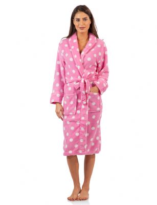Casual Nights Women's Fleece Plush Robe - Pink/Dots - Sizing Recommendations: Size Medium (4-6) Large (8-10) X-Large (12-14) XX-Large (16-18)Wrap around in comfort with this cozy warm Plush Fleece Robe From Casual Nights, Exceptionally lightweight Bathrobe with Fun and elegant prints. Featuring a shawl collar and foldover cuffs, Long sleeves, matching self-Tie belt, Attached inner tie and 2 hand Pockets. Effortless Design perfect for Lounging, Relaxing or just layering on.