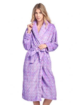 Casual Nights Women's Dot Long Sleeve Mini Popcorn Fleece Plush Robe - Lilac - Sizing Recommendations: Size Medium (4-6) Large (8-10) X-Large (12-14) XX-Large (16-18)Wrap around in comfort with this cozy warm Plush Fleece Robe From Casual Nights, Exceptionally lightweight Bathrobe with Fun and elegant prints. Featuring a shawl collar and foldover cuffs, Long sleeves, matching self-Tie belt, Attached inner tie and 2 hand Pockets. Effortless Design perfect for Lounging, Relaxing or just layering on.