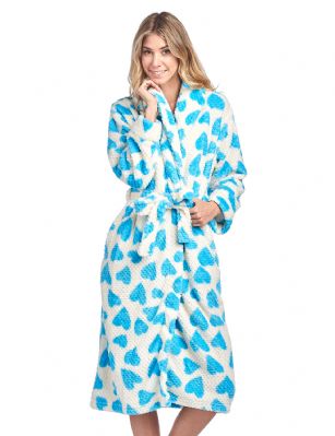 Casual Nights Women's Heart Long Sleeve Mini Popcorn Fleece Plush Robe - Aqua - Sizing Recommendations: Size Medium (4-6) Large (8-10) X-Large (12-14) XX-Large (16-18)Wrap around in comfort with this cozy warm Plush Fleece Robe From Casual Nights, Exceptionally lightweight Bathrobe with Fun and elegant prints. Featuring a shawl collar and foldover cuffs, Long sleeves, matching self-Tie belt, Attached inner tie and 2 hand Pockets. Effortless Design perfect for Lounging, Relaxing or just layering on.