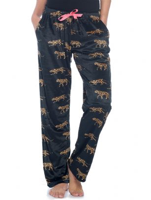 Ashford & Brooks Women's Plush Mink Fleece Pajama Sleep Pants -  Leopard Black - These Womens Classic Micro Minky Fleece Pajama Bottoms Sleepwear Pants from Ashford & Brooks is made from a lightweight soft premium 100% Polyester fabric. Exceptionally lightweight Designed to keep you Cozy and warm during the cold winter days. Wear it as a layering piece, at home, lazy around the house or to sleep in comfort! The Pj bottom Pant features; Comfortable covered inner elastic waistband for a more custom fit with self-tie drawstring, two side seam pockets, approx. 30" Inseam length. A Loose and roomy relaxed fit to ensure maximum comfort and plenty of room to ease while lounging and sleeping, Fun cute prints and patterns. The perfect Nightwear Pjs Christmas holiday or birthday gift set for any special woman in your life and special friend you love. Check out our matching mens collection