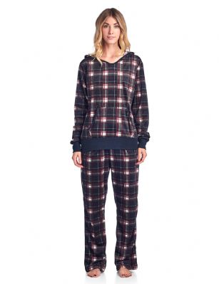 Ashford & Brooks Women's Mink Fleece Hoodie Pajama Set - Black White Plaid - This Ashford & Brooks Women's Luxurious Long Sleeve Pajama Set is made out of durable ultra-soft 100% Polyester mink fleece fabric. It'll keep you cozy, warm, and comfortable during the cold winter days yet stylish at the same time. Pj's features; hooded night top, pull over closure, long sleeves, front kangaroo pocket, fun flirty printed patterns with contrast color knitted trim. Pajama pants with elasticized spandex waist for easy pull on and added comfort, side seam pockets, approx. 30" inseam 11" rise, contrast color trim and drawstring bow tie closure. This Two piece comfort sleepwear PJ set offers a roomy relaxed fit perfect for sleeping or lounging around. Soft to touch feels great against skin, you will not want to get them off! Comes in Beautifully Gift Wrapped packaging. Get if on birthday, Christmas holiday for a friend, daughter, girlfriend, wife or someone you love.