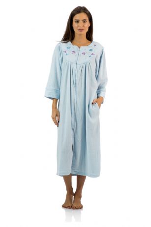 Casual Nights Women's Zipper Front Jacquard Fleece Long Robe Duster - Blue - This cozy warm Fleece Lined Lounge Duster Robe from Casual Nights, exceptionally lightweight robe made from terry poly smooth to the touch fabric. Housecoat features; 3/4 sleeves, piping detail, embroidered flowers, side seam pockets, front zip closure measures 33" inches makes this lounger easy to wear. Mid-calf length measures approx. 46 Inches. A comfort loose fit style perfect for spas, shower houses, lounging, changing. sleeping and more. 