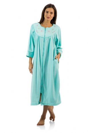 Casual Nights Women's Zipper Front Jacquard Fleece Long Robe Duster - Green - This cozy warm Fleece Lined Lounge Duster Robe from Casual Nights, exceptionally lightweight robe made from terry poly smooth to the touch fabric. Housecoat features; 3/4 sleeves, piping detail, embroidered flowers, side seam pockets, front zip closure measures 33" inches makes this lounger easy to wear. Mid-calf length measures approx. 46 Inches. A comfort loose fit style perfect for spas, shower houses, lounging, changing. sleeping and more. 