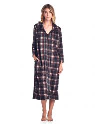 Ashford & Brooks Women's Long Zip Up Mink Fleece Lounger Robe - Black White Plaid