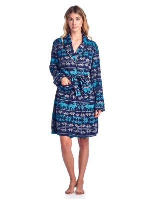 Ashford & Brooks Women's Sweater Fleece Printed Lounge Robe - Fairisle Moose Aqua - This incredibly soft Sweater Fleece Lounge Robe from Ashford & Brooks is made form premium 100% Polyester fabric. Exceptionally lightweight Designed to keep you Cozy and warm during the cold winder days, perfect for lounging around the house or to sleep in. Something modest to feel comfy in while quest are in your home. Featuring Long sleeves, trimming details for the feminine touch, shawl collar, convenient seam handy pockets. wrap around belt with inner tie. Comes in beautiful holiday prints and patterns, Gift packaged the perfect gift for someone you love. Easy care Machine wash cold, promptly remove from dryer, Cool Iron if needed.