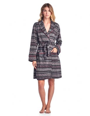 Ashford & Brooks Women's Sweater Fleece Printed Lounge Robe - Nordic 1 Black - This incredibly soft Sweater Fleece Lounge Robe from Ashford & Brooks is made form premium 100% Polyester fabric. Exceptionally lightweight Designed to keep you Cozy and warm during the cold winder days, perfect for lounging around the house or to sleep in. Something modest to feel comfy in while quest are in your home. Featuring Long sleeves, trimming details for the feminine touch, shawl collar, convenient seam handy pockets. wrap around belt with inner tie. Comes in beautiful holiday prints and patterns, Gift packaged the perfect gift for someone you love. Easy care Machine wash cold, promptly remove from dryer, Cool Iron if needed.