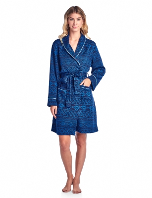 Ashford & Brooks Women's Sweater Fleece Printed Lounge Robe - Nordic Snowflake Navy - This incredibly soft Sweater Fleece Lounge Robe from Ashford & Brooks is made form premium 100% Polyester fabric. Exceptionally lightweight Designed to keep you Cozy and warm during the cold winder days, perfect for lounging around the house or to sleep in. Something modest to feel comfy in while quest are in your home. Featuring Long sleeves, trimming details for the feminine touch, shawl collar, convenient seam handy pockets. wrap around belt with inner tie. Comes in beautiful holiday prints and patterns, Gift packaged the perfect gift for someone you love. Easy care Machine wash cold, promptly remove from dryer, Cool Iron if needed.