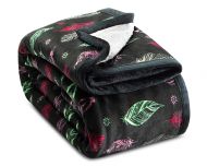 Ashford & Brooks Printed Plush Sherpa Lined Mink Fleece Throw Blanket - Black Turquoise Feather