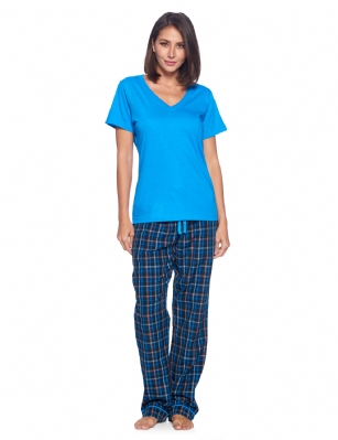 Ashford & Brooks Women's Woven Short Sleeve Jersey Top & Pajama Pants Set - Black/Blue/Plaid - Ashford & Brooks Women's Woven Pajama Sleep Pants