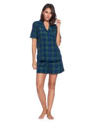 Ashford & Brooks Women's Woven Short Sleeve Pajama Shorts Set - Green Blackwatch