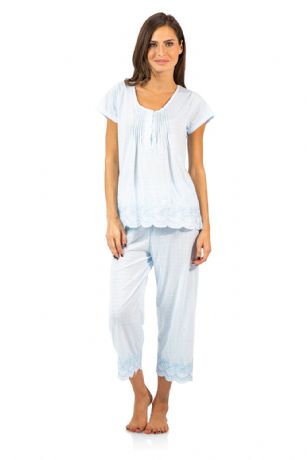 Casual Nights Women's Short Sleeve Floral Capri Pajama Set - Light Blue - Please use this size chart to determine which size will fit you best, if your measurements fall between two sizes we recommend ordering a larger size as most people prefer their sleepwear a little looser.  Medium Measures: US Size 0-2, Chests/Bust: 32" - 33" Large Measures: US Size 2-4, Chests/Bust: 33-34" X-Large Measures: US Size 8-10, Chests/Bust: 36" - 37" XX-Larger Measures: US Size 10-12, Chests/Bust: 37.5" - 39" 3X-Large Measures: US Size 16-18, Chests/Bust: 41.5" - 44" 4X-Large: Measures US Size 18-20, Chests/Bust 45.5-46"  Hit the sack in total comfort with these Soft and lightweight Knit Pajama Sleep Set in a fun Floral pattern Capri Length Pants with an elastic drawstring waist for comfort, Shirt Features Short Sleeves, 4 Button closure, Embroidery, lace Trimand flattering tucked details. A comfortable relaxed fit perfect for sleeping or lounging around.