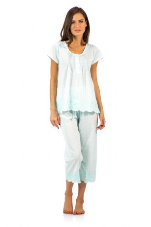 Casual Nights Women's Short Sleeve Floral Capri Pajama Set - Light Green - Please use this size chart to determine which size will fit you best, if your measurements fall between two sizes we recommend ordering a larger size as most people prefer their sleepwear a little looser.  Medium Measures: US Size 0-2, Chests/Bust: 32" - 33" Large Measures: US Size 2-4, Chests/Bust: 33-34" X-Large Measures: US Size 8-10, Chests/Bust: 36" - 37" XX-Larger Measures: US Size 10-12, Chests/Bust: 37.5" - 39" 3X-Large Measures: US Size 16-18, Chests/Bust: 41.5" - 44" 4X-Large: Measures US Size 18-20, Chests/Bust 45.5-46"  Hit the sack in total comfort with these Soft and lightweight Knit Pajama Sleep Set in a fun Floral pattern Capri Length Pants with an elastic drawstring waist for comfort, Shirt Features Short Sleeves, 4 Button closure, Embroidery, lace Trimand flattering tucked details. A comfortable relaxed fit perfect for sleeping or lounging around.