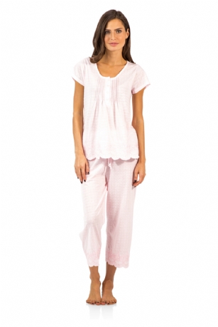 Casual Nights Women's Short Sleeve Floral Capri Pajama Set - Light Pink - Please use this size chart to determine which size will fit you best, if your measurements fall between two sizes we recommend ordering a larger size as most people prefer their sleepwear a little looser.  Medium Measures: US Size 0-2, Chests/Bust: 32" - 33" Large Measures: US Size 2-4, Chests/Bust: 33-34" X-Large Measures: US Size 8-10, Chests/Bust: 36" - 37" XX-Larger Measures: US Size 10-12, Chests/Bust: 37.5" - 39" 3X-Large Measures: US Size 16-18, Chests/Bust: 41.5" - 44" 4X-Large: Measures US Size 18-20, Chests/Bust 45.5-46"  Hit the sack in total comfort with these Soft and lightweight Knit Pajama Sleep Set in a fun Floral pattern Capri Length Pants with an elastic drawstring waist for comfort, Shirt Features Short Sleeves, 4 Button closure, Embroidery, lace Trimand flattering tucked details. A comfortable relaxed fit perfect for sleeping or lounging around.