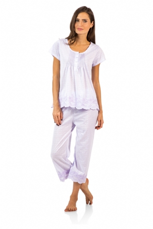 Casual Nights Women's Short Sleeve Floral Capri Pajama Set - Light Purple - Please use this size chart to determine which size will fit you best, if your measurements fall between two sizes we recommend ordering a larger size as most people prefer their sleepwear a little looser.  Medium Measures: US Size 0-2, Chests/Bust: 32" - 33" Large Measures: US Size 2-4, Chests/Bust: 33-34" X-Large Measures: US Size 8-10, Chests/Bust: 36" - 37" XX-Larger Measures: US Size 10-12, Chests/Bust: 37.5" - 39" 3X-Large Measures: US Size 16-18, Chests/Bust: 41.5" - 44" 4X-Large: Measures US Size 18-20, Chests/Bust 45.5-46"  Hit the sack in total comfort with these Soft and lightweight Knit Pajama Sleep Set in a fun Floral pattern Capri Length Pants with an elastic drawstring waist for comfort, Shirt Features Short Sleeves, 4 Button closure, Embroidery, lace Trimand flattering tucked details. A comfortable relaxed fit perfect for sleeping or lounging around.