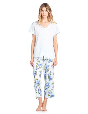 Casual Nights Women's Fancy Short Sleeve Floral Capri Pajama Set - Blue - Use this size chart to determine your size that will fit you best, if your measurements fall between two sizes we recommend ordering a larger size as most people prefer their sleepwear a little looser. Top Length 25", Capri Pants Inseam 22"Medium: Measures as US Size 2-4, - Chests/Bust 33-34" Large: Measures US Size 6-8, Chests/Bust 35-36" X-Large: Measures US Size 10-12, Chests/Bust 37-38.5" XX-Large: Measures US Size 14-16, Chests/Bust 40-41.5"3X-Large: Measures US Size 16-18, Chests/Bust 41-43"4X-Large: Measures US Size 18-20, Chests/Bust 44-46" Soft and lightweight Knit Button Front Short Sleeve Pajamas 2-piece Sleep Set in a fun feminine Floral pattern print, beautiful enough for special occasions, yet comfortable enough for every day. Capri Length Pants with a drawstring waist for easy pull on and added comfort, Pjs top Features Short Sleeves, 5 Button closure, lace and Satin Ribbon Trim details, V-Neck and embroidered flowers. A comfortable fit sleepwear that is perfect for sleeping or lounge around. 