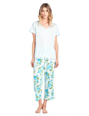 Casual Nights Women's Fancy Short Sleeve Floral Capri Pajama Set - Green - Use this size chart to determine your size that will fit you best, if your measurements fall between two sizes we recommend ordering a larger size as most people prefer their sleepwear a little looser. Top Length 25", Capri Pants Inseam 22"Medium: Measures as US Size 2-4, - Chests/Bust 33-34" Large: Measures US Size 6-8, Chests/Bust 35-36" X-Large: Measures US Size 10-12, Chests/Bust 37-38.5" XX-Large: Measures US Size 14-16, Chests/Bust 40-41.5"3X-Large: Measures US Size 16-18, Chests/Bust 41-43"4X-Large: Measures US Size 18-20, Chests/Bust 44-46" Soft and lightweight Knit Button Front Short Sleeve Pajamas 2-piece Sleep Set in a fun feminine Floral pattern print, beautiful enough for special occasions, yet comfortable enough for every day. Capri Length Pants with a drawstring waist for easy pull on and added comfort, Pjs top Features Short Sleeves, 5 Button closure, lace and Satin Ribbon Trim details, V-Neck and embroidered flowers. A comfortable fit sleepwear that is perfect for sleeping or lounge around. 