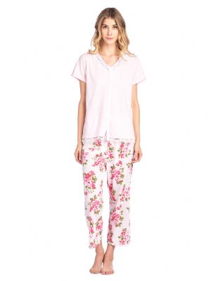 Casual Nights Women's Fancy Short Sleeve Floral Capri Pajama Set - Pink - Use this size chart to determine your size that will fit you best, if your measurements fall between two sizes we recommend ordering a larger size as most people prefer their sleepwear a little looser. Top Length 25", Capri Pants Inseam 22"Medium: Measures as US Size 2-4, - Chests/Bust 33-34" Large: Measures US Size 6-8, Chests/Bust 35-36" X-Large: Measures US Size 10-12, Chests/Bust 37-38.5" XX-Large: Measures US Size 14-16, Chests/Bust 40-41.5"3X-Large: Measures US Size 16-18, Chests/Bust 41-43"4X-Large: Measures US Size 18-20, Chests/Bust 44-46" Soft and lightweight Knit Button Front Short Sleeve Pajamas 2-piece Sleep Set in a fun feminine Floral pattern print, beautiful enough for special occasions, yet comfortable enough for every day. Capri Length Pants with a drawstring waist for easy pull on and added comfort, Pjs top Features Short Sleeves, 5 Button closure, lace and Satin Ribbon Trim details, V-Neck and embroidered flowers. A comfortable fit sleepwear that is perfect for sleeping or lounge around. 