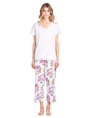 Casual Nights Women's Fancy Short Sleeve Floral Capri Pajama Set - Purple - Use this size chart to determine your size that will fit you best, if your measurements fall between two sizes we recommend ordering a larger size as most people prefer their sleepwear a little looser. Top Length 25", Capri Pants Inseam 22"Medium: Measures as US Size 2-4, - Chests/Bust 33-34" Large: Measures US Size 6-8, Chests/Bust 35-36" X-Large: Measures US Size 10-12, Chests/Bust 37-38.5" XX-Large: Measures US Size 14-16, Chests/Bust 40-41.5"3X-Large: Measures US Size 16-18, Chests/Bust 41-43"4X-Large: Measures US Size 18-20, Chests/Bust 44-46" Soft and lightweight Knit Button Front Short Sleeve Pajamas 2-piece Sleep Set in a fun feminine Floral pattern print, beautiful enough for special occasions, yet comfortable enough for every day. Capri Length Pants with a drawstring waist for easy pull on and added comfort, Pjs top Features Short Sleeves, 5 Button closure, lace and Satin Ribbon Trim details, V-Neck and embroidered flowers. A comfortable fit sleepwear that is perfect for sleeping or lounge around. 