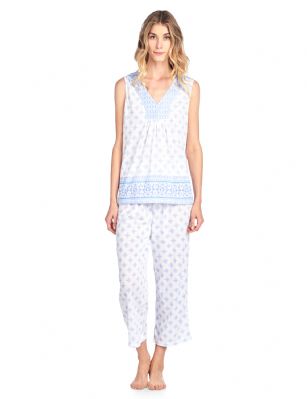 Casual Nights Women's Printed Sleeveless Top & Capri Pajama Set - Blue - Use this size chart to determine your size that will fit you best, if your measurements fall between two sizes we recommend ordering a larger size as most people prefer their sleepwear a little looser. Top Length 25", Capri Pants Inseam 22"Medium: Measures as US Size 6-8, - Chests/Bust 34-36" Large: Measures US Size 8-10, Chests/Bust 36.5-38" X-Large: Measures US Size 12-14, Chests/Bust 38.5-40" XX-Large: Measures US Size 14-16, Chests/Bust 40.5-42"Hit the sack in total comfort with these Soft and lightweight Knit Pajama Sleep Set in a funDotted and floralpattern,Capri Length Pants with an elastic waist for comfort, Shirt Features V-Neck,pull on over top, contrast printed Trimand flattering details. A comfortable straight fit perfect for sleeping or lounging around.