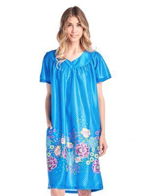 Casual Nights Women's Short Sleeve Muumuu Lounger Dress - Blue - Please use our size chart to determine which size will fit you best, if your measurements fall between two sizes we recommend ordering a larger size as most people prefer their sleepwear a little looser. Approx Length 42". Small Measures: US Size 0, Chests/Bust: 30" 32-" Medium Measures: US Size 2-4, Chests/Bust: 33-34" Large Measures: US Size 6-8, Chests/Bust: 35" - 36" X-Larger and 1X Measures: US Size 10-12, Chests/Bust: 37" - 38" XX-Large and 2X Measures: US Size 14-16, Chests/Bust: 40" - 42" 3X-Large and 3X Measures: US Size 18, Chests/Bust 42.5-44" You'll love slipping into this Slip over Muumuu Caftan Dress From our Lounge Dresses & MuuMuus collection, designed in Floral silky satin fabric with a relaxed Fit, This Duster Features Short Sleeves, V neckline and one side seam pocket. This ultra-Lightweight fabric House Dress will keep you comfortable and stylish to wear it around the house or to sleep in.