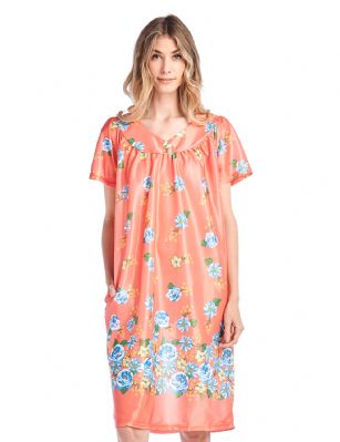 Casual Nights Women's Short Sleeve Muumuu Lounger Dress - Coral - Please use our size chart to determine which size will fit you best, if your measurements fall between two sizes we recommend ordering a larger size as most people prefer their sleepwear a little looser. Approx Length 42". Small Measures: US Size 0, Chests/Bust: 30" 32-" Medium Measures: US Size 2-4, Chests/Bust: 33-34" Large Measures: US Size 6-8, Chests/Bust: 35" - 36" X-Larger and 1X Measures: US Size 10-12, Chests/Bust: 37" - 38" XX-Large and 2X Measures: US Size 14-16, Chests/Bust: 40" - 42" 3X-Large and 3X Measures: US Size 18, Chests/Bust 42.5-44" You'll love slipping into this Slip over Muumuu Caftan Dress From our Lounge Dresses & MuuMuus collection, designed in Floral silky satin fabric with a relaxed Fit, This Duster Features Short Sleeves, V neckline and one side seam pocket. This ultra-Lightweight fabric House Dress will keep you comfortable and stylish to wear it around the house or to sleep in.
