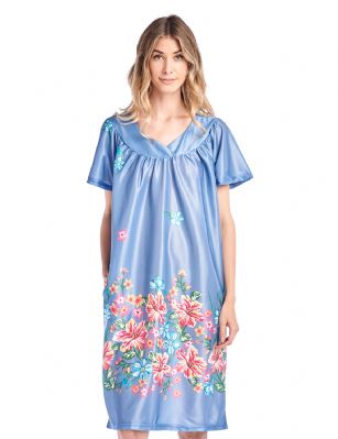 Casual Nights Women's Short Sleeve Muumuu Lounger Dress - Denim - Please use our size chart to determine which size will fit you best, if your measurements fall between two sizes we recommend ordering a larger size as most people prefer their sleepwear a little looser. Approx Length 42". Small Measures: US Size 0, Chests/Bust: 30" 32-" Medium Measures: US Size 2-4, Chests/Bust: 33-34" Large Measures: US Size 6-8, Chests/Bust: 35" - 36" X-Larger and 1X Measures: US Size 10-12, Chests/Bust: 37" - 38" XX-Large and 2X Measures: US Size 14-16, Chests/Bust: 40" - 42" 3X-Large and 3X Measures: US Size 18, Chests/Bust 42.5-44" You'll love slipping into this Slip over Muumuu Caftan Dress From our Lounge Dresses & MuuMuus collection, designed in Floral silky satin fabric with a relaxed Fit, This Duster Features Short Sleeves, V neckline and one side seam pocket. This ultra-Lightweight fabric House Dress will keep you comfortable and stylish to wear it around the house or to sleep in.