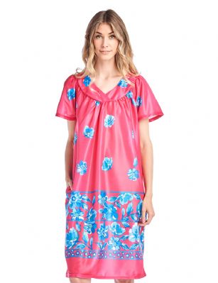 Casual Nights Women's Short Sleeve Muumuu Lounger Dress - Fuchsia - Please use our size chart to determine which size will fit you best, if your measurements fall between two sizes we recommend ordering a larger size as most people prefer their sleepwear a little looser. Approx Length 42". Small Measures: US Size 0, Chests/Bust: 30" 32-" Medium Measures: US Size 2-4, Chests/Bust: 33-34" Large Measures: US Size 6-8, Chests/Bust: 35" - 36" X-Larger and 1X Measures: US Size 10-12, Chests/Bust: 37" - 38" XX-Large and 2X Measures: US Size 14-16, Chests/Bust: 40" - 42" 3X-Large and 3X Measures: US Size 18, Chests/Bust 42.5-44" You'll love slipping into this Slip over Muumuu Caftan Dress From our Lounge Dresses & MuuMuus collection, designed in Floral silky satin fabric with a relaxed Fit, This Duster Features Short Sleeves, V neckline and one side seam pocket. This ultra-Lightweight fabric House Dress will keep you comfortable and stylish to wear it around the house or to sleep in.