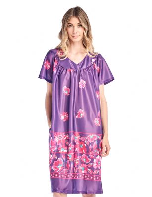 Casual Nights Women's Short Sleeve Muumuu Lounger Dress - Grape - Please use our size chart to determine which size will fit you best, if your measurements fall between two sizes we recommend ordering a larger size as most people prefer their sleepwear a little looser. Approx Length 42". Small Measures: US Size 0, Chests/Bust: 30" 32-" Medium Measures: US Size 2-4, Chests/Bust: 33-34" Large Measures: US Size 6-8, Chests/Bust: 35" - 36" X-Larger and 1X Measures: US Size 10-12, Chests/Bust: 37" - 38" XX-Large and 2X Measures: US Size 14-16, Chests/Bust: 40" - 42" 3X-Large and 3X Measures: US Size 18, Chests/Bust 42.5-44" You'll love slipping into this Slip over Muumuu Caftan Dress From our Lounge Dresses & MuuMuus collection, designed in Floral silky satin fabric with a relaxed Fit, This Duster Features Short Sleeves, V neckline and one side seam pocket. This ultra-Lightweight fabric House Dress will keep you comfortable and stylish to wear it around the house or to sleep in.