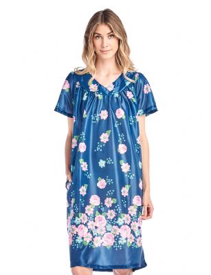 Casual Nights Women's Short Sleeve Muumuu Lounger Dress - Navy - Please use our size chart to determine which size will fit you best, if your measurements fall between two sizes we recommend ordering a larger size as most people prefer their sleepwear a little looser. Approx Length 42". Small Measures: US Size 0, Chests/Bust: 30" 32-" Medium Measures: US Size 2-4, Chests/Bust: 33-34" Large Measures: US Size 6-8, Chests/Bust: 35" - 36" X-Larger and 1X Measures: US Size 10-12, Chests/Bust: 37" - 38" XX-Large and 2X Measures: US Size 14-16, Chests/Bust: 40" - 42" 3X-Large and 3X Measures: US Size 18, Chests/Bust 42.5-44" You'll love slipping into this Slip over Muumuu Caftan Dress From our Lounge Dresses & MuuMuus collection, designed in Floral silky satin fabric with a relaxed Fit, This Duster Features Short Sleeves, V neckline and one side seam pocket. This ultra-Lightweight fabric House Dress will keep you comfortable and stylish to wear it around the house or to sleep in.