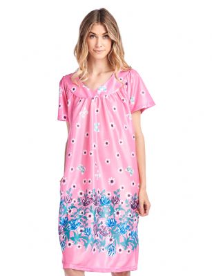 Casual Nights Women's Short Sleeve Muumuu Lounger Dress - Pink - Please use our size chart to determine which size will fit you best, if your measurements fall between two sizes we recommend ordering a larger size as most people prefer their sleepwear a little looser. Approx Length 42". Small Measures: US Size 0, Chests/Bust: 30" 32-" Medium Measures: US Size 2-4, Chests/Bust: 33-34" Large Measures: US Size 6-8, Chests/Bust: 35" - 36" X-Larger and 1X Measures: US Size 10-12, Chests/Bust: 37" - 38" XX-Large and 2X Measures: US Size 14-16, Chests/Bust: 40" - 42" 3X-Large and 3X Measures: US Size 18, Chests/Bust 42.5-44" You'll love slipping into this Slip over Muumuu Caftan Dress From our Lounge Dresses & MuuMuus collection, designed in Floral silky satin fabric with a relaxed Fit, This Duster Features Short Sleeves, V neckline and one side seam pocket. This ultra-Lightweight fabric House Dress will keep you comfortable and stylish to wear it around the house or to sleep in.