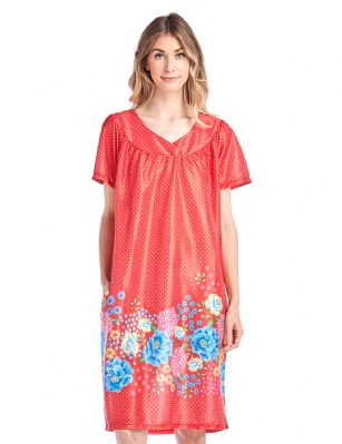 Casual Nights Women's Short Sleeve Muumuu Lounger Dress - Red - Please use our size chart to determine which size will fit you best, if your measurements fall between two sizes we recommend ordering a larger size as most people prefer their sleepwear a little looser. Approx Length 42". Small Measures: US Size 0, Chests/Bust: 30" 32-" Medium Measures: US Size 2-4, Chests/Bust: 33-34" Large Measures: US Size 6-8, Chests/Bust: 35" - 36" X-Larger and 1X Measures: US Size 10-12, Chests/Bust: 37" - 38" XX-Large and 2X Measures: US Size 14-16, Chests/Bust: 40" - 42" 3X-Large and 3X Measures: US Size 18, Chests/Bust 42.5-44" You'll love slipping into this Slip over Muumuu Caftan Dress From our Lounge Dresses & MuuMuus collection, designed in Floral silky satin fabric with a relaxed Fit, This Duster Features Short Sleeves, V neckline and one side seam pocket. This ultra-Lightweight fabric House Dress will keep you comfortable and stylish to wear it around the house or to sleep in.